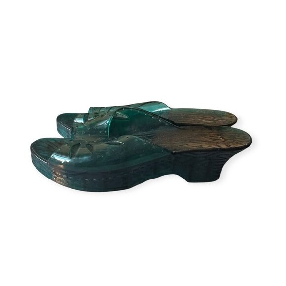 Vintage 60s Jelly Slide Sandals – Size 7, Green Plastic Wedge Heels made in USA - Picture 3 of 15